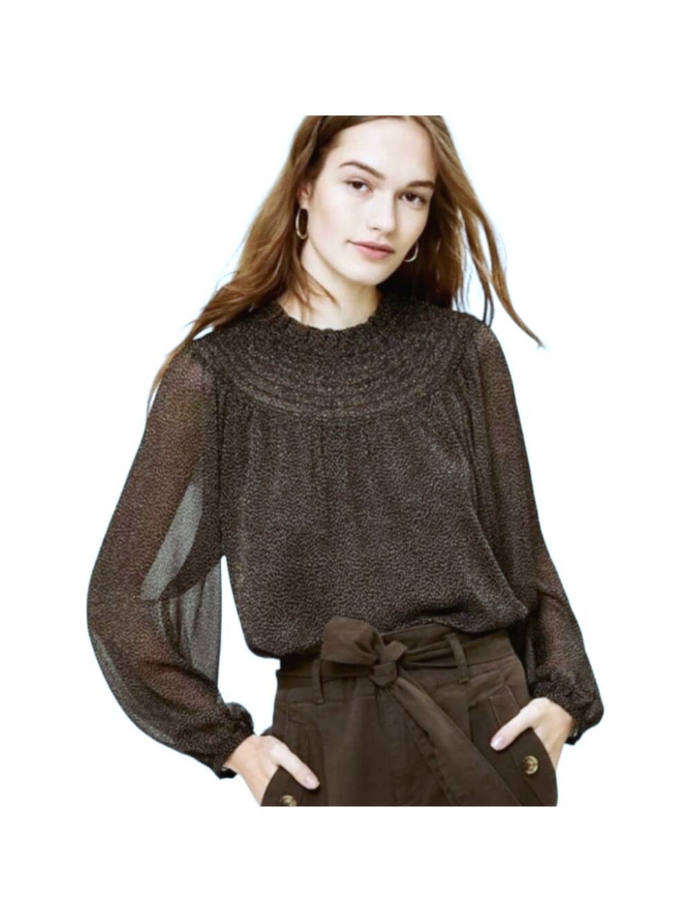 Women Sheer Smocked Neck Chiffon Blouse S Cheetah Career Minimalist Neutral NEW